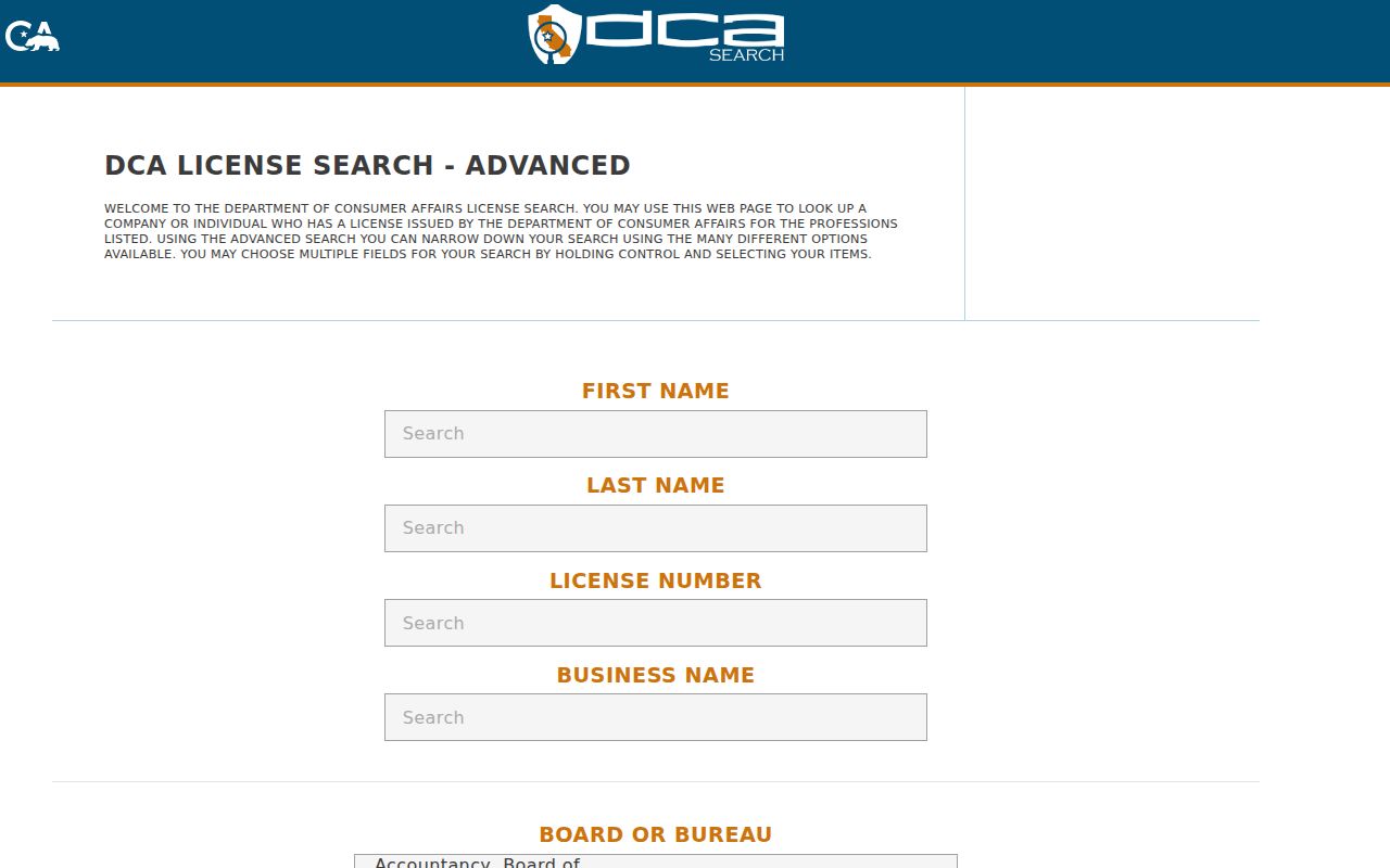 Dana Point people search California DCA advanced license search