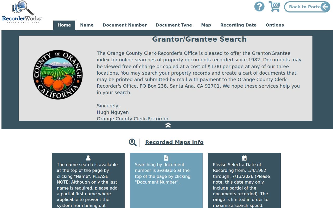 Dana Point people search RecorderWorks grantor grantee index