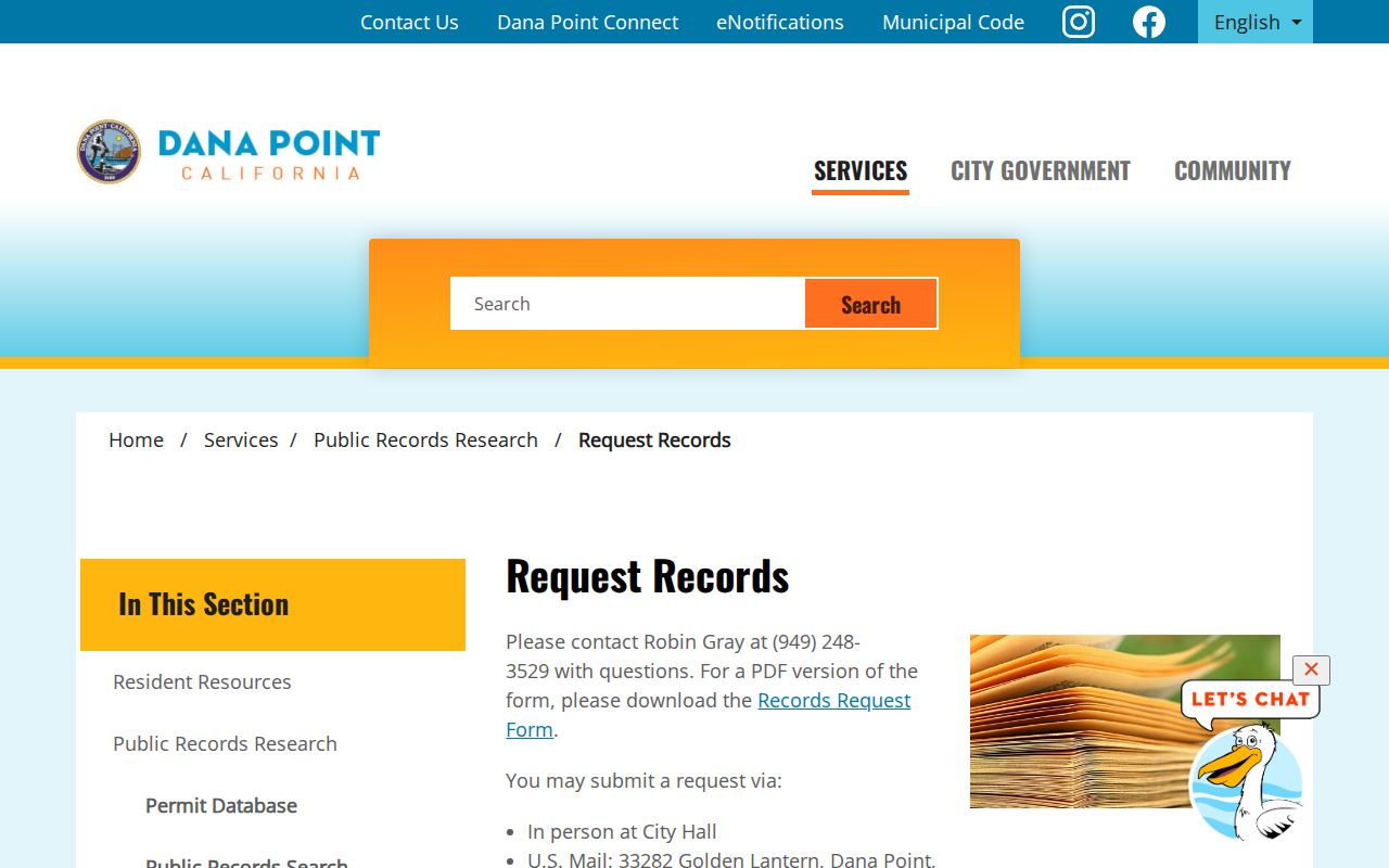 Dana Point public records request page