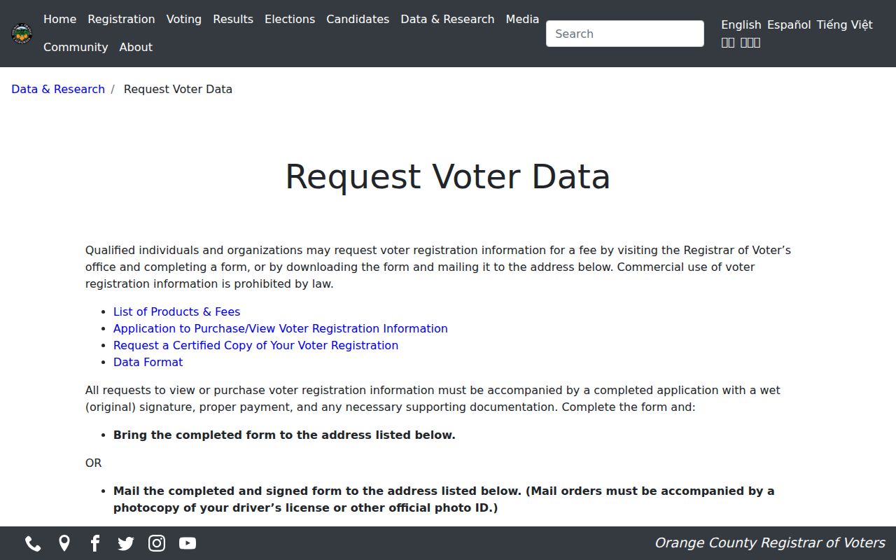 Dana Point voter registration records Orange County voter data request page